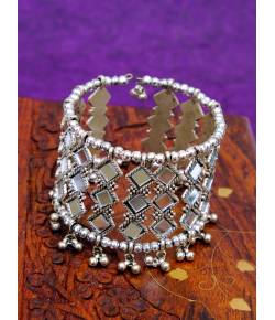 Oxidised Silver  Mirror Cuff Bangle Bracelet With Ghunghroo CFB0463