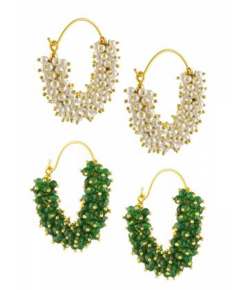 Green And Golden Polki Meenakari Earrings Combo