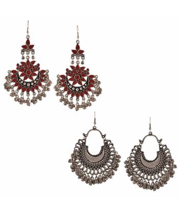 Oxidised Silver Red & silver bohemian Earrings