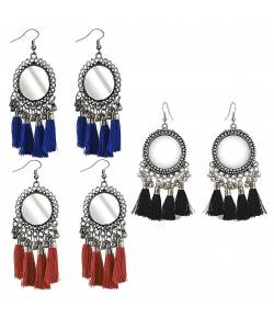 Mirror and Thread Black-Red-Blue Tassel Earring