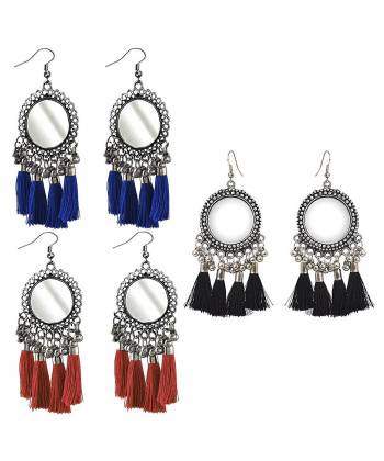 Mirror and Thread Black-Red-Blue Tassel Earring