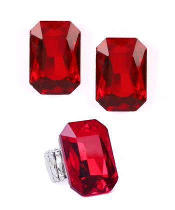 Red Crystal Rectangular Ring- Earrings Combo Set
