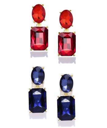 Red-Blue & Gold-Toned Geometric Drop Earrings 