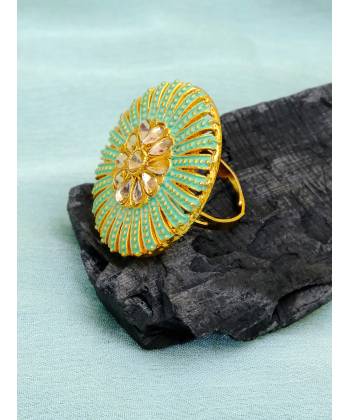 Ethnic Gold-Plated Floral Green Round shape Ring CFR0507