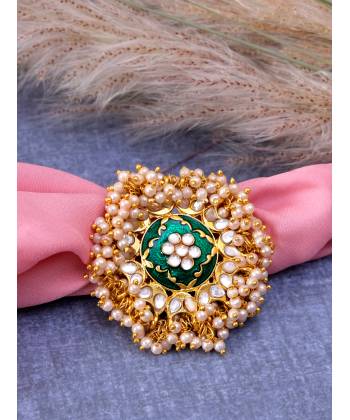 Traditional Gold-Green Kundan Finger Ring With Pearl CFR0510