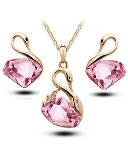 Duck Shape Gold Plated  Pink Crystal Pendant & Earrings Set