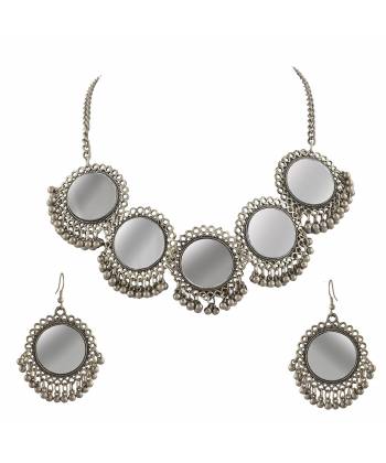 Oxidised Silver Mirror Choker and earrings Set-CFS0251