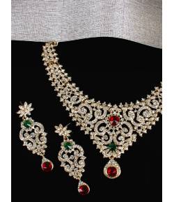 Gold Plated White & Red Crystal Necklace & Earrings 
