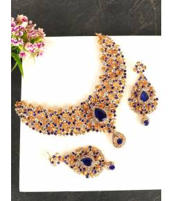 Blue Crystal Golden Plated Necklace Earrings Set