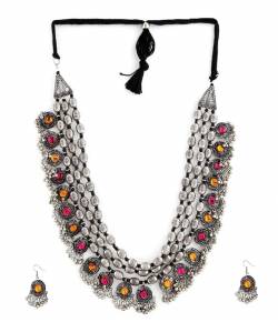 Crunchy Fashion Jewellery Oxidised Silver Plated Pink-Orange Crystal Bohemian Necklace Earrings Set
