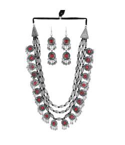 Bohemian Red Stone Multi-Layer Necklace With Earrings 