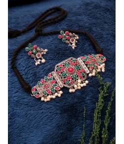 Embellished Pink Green Kundan Choker Necklace Set  With  Earrings 