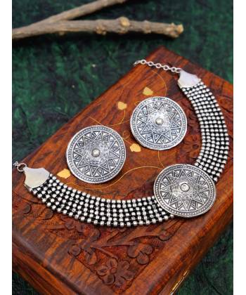 Oxidized German Silver Statement  Necklace Set With Round Statement Earrings CFS0336