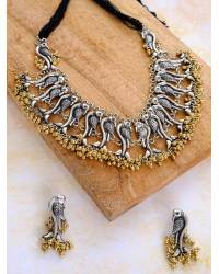 Oxidised Silver Tone Bird Chocker Necklace Earrings Set