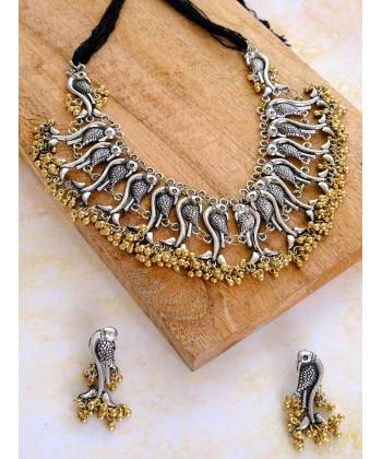 Oxidised Silver Tone Bird Chocker Necklace Earrings Set