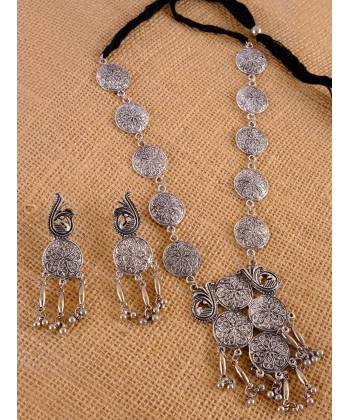 Oxidized German silver Antique Long Peacock Coin Design Necklace Set with Earrings CFS0344