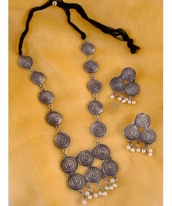 Oxidised German Silver Antique Coins Style Trible Necklace Set Wth Earrings CFS0345