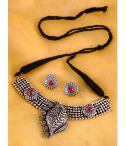 Oxidized German Silver Antique Shell Design  Necklace Set Studded  Red Stone With Earrings CFS0346