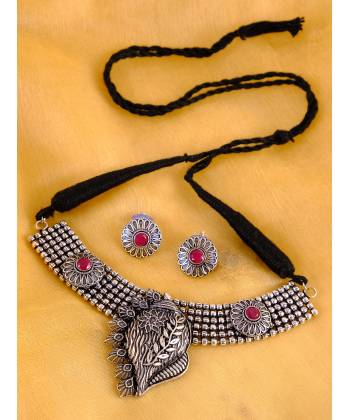 Oxidized German Silver Antique Shell Design  Necklace Set Studded  Red Stone With Earrings CFS0346