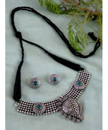 Oxidized German Silver Antique Shell Design  Necklace Set Studded  Green Stone With Earrings CFS0347