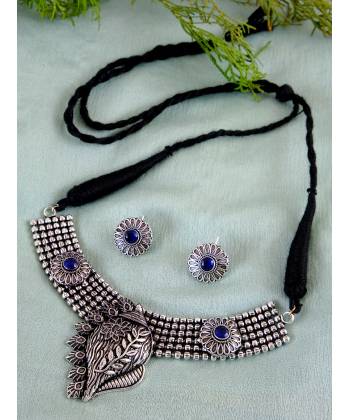 Oxidized German Silver Antique Shell Design  Necklace Set Studded  Blue Stone With Earrings CFS0348