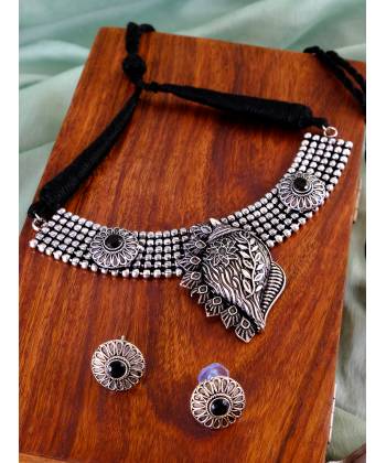 Oxidized German Silver Antique Shell Design  Necklace Set Studded Black Stone With Earrings CFS0349