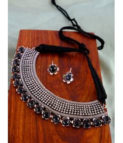 German Silver Oxidised Antique Boho Studded Black Stone Designer Choker Necklace Set With Earrings CFS0351