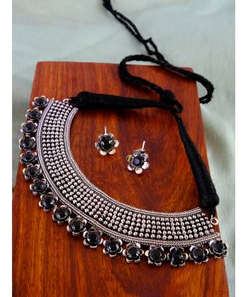German Silver Oxidised Antique Boho Studded Black Stone Designer Choker Necklace Set With Earrings CFS0351