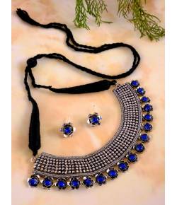 German Silver Oxidised Antique Boho Studded Blue Stone Designer Choker Necklace Set With Earrings CFS0353