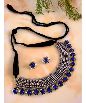 German Silver Oxidised Antique Boho Studded Blue Stone Designer Choker Necklace Set With Earrings CFS0353