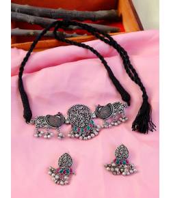 Traditional Oxidized Silver Multicolor Peacock Design Necklace Set With Earrings CFS0356
