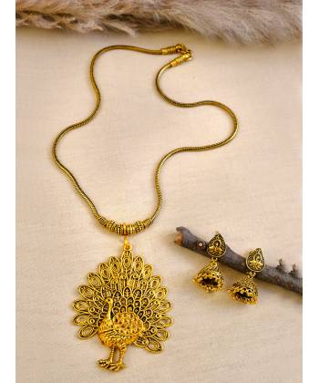 Oxidized Gold-Plated Peacock Design Necklace Set With Earrings CFS0358