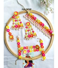 Yellow-Pink Bridal Handmade Flower Jewellery Set for Haldi Mehndi
