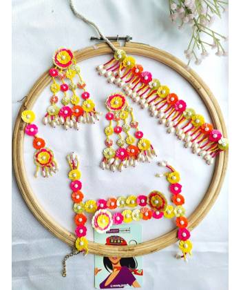 Yellow-Pink Bridal Handmade Flower Jewellery Set for Haldi Mehndi