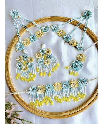 Powder Blue-Pastel Yellow Floral Haldi Jewellery Set for Brides