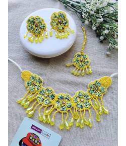 Yellow Floral Kodi Work Jewellery Set For