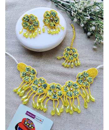 Yellow Floral Kodi Work Jewellery Set For