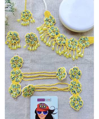 Yellow Floral Kodi Work Jewellery Set For
