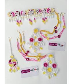 Pink-Yellow Beaded Floral Jewelry for Haldi, Mehndi, Baby shower