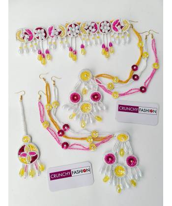 Pink-Yellow Beaded Floral Jewelry for Haldi, Mehndi, Baby shower