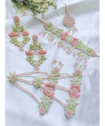 MInt GReen-PInk Floral Jewellery Set for Haldi Mehndi Baby SHower