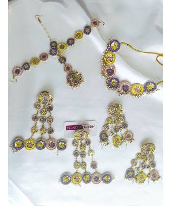 Floral Fantasy: Lavender-Yellow-Pink Handmade Jewellery Set for Haldi Mehndi