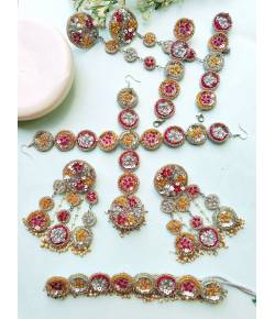 Handmade Patel Blue, Yellow & Pink Floral Jewellery Set for Haldi-Mehndi