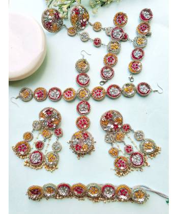 Handmade Patel Blue, Yellow & Pink Floral Jewellery Set for Haldi-Mehndi