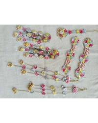 Blossom Bliss: Handmade Beaded Floral Jewellery Set for Haldi-Mehndi- Set of Earrings, Tikka, Bracelets and Kaliras