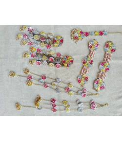 Blossom Bliss: Handmade Beaded Floral Jewellery Set for Haldi-Mehndi- Set of Earrings, Tikka, Bracelets and Kaliras