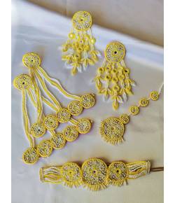 Yellow-White Handmade Floral Jewellery Set for Haldi-Mehndi, Carnival