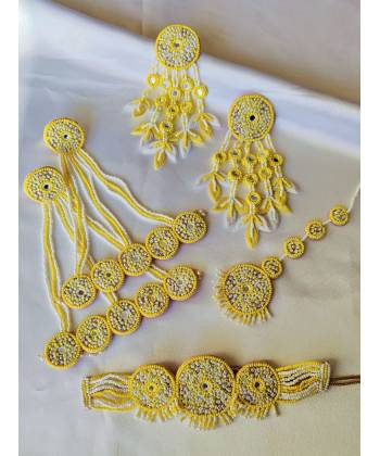 Yellow-White Handmade Floral Jewellery Set for Haldi-Mehndi, Carnival