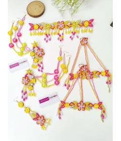 Pink-Yellow 3D Floral Jewelry Set for Haldi-Mehndi