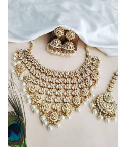 Gold Plated White Alloy Kundan Necklace Set for Women and Girls - Perfect for Wedding, Engagement and Festivals